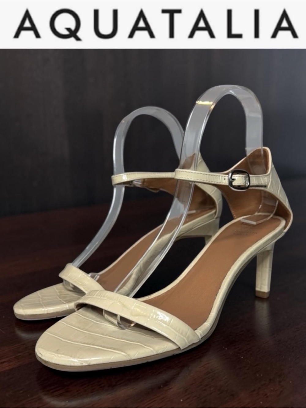AQUATALIA RUBIE CROC EMBOSSED CREAM LEATHER ANKLE STRAP SANDALS NWT SIZE 8.5